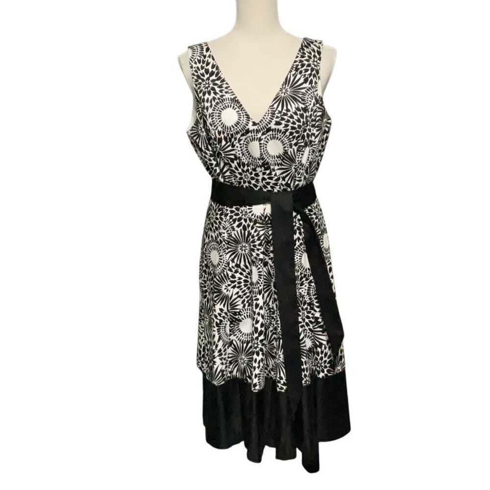 Nine West Black White Fit N Flare Sleeveless Dress Waist Tie NWT Size 14